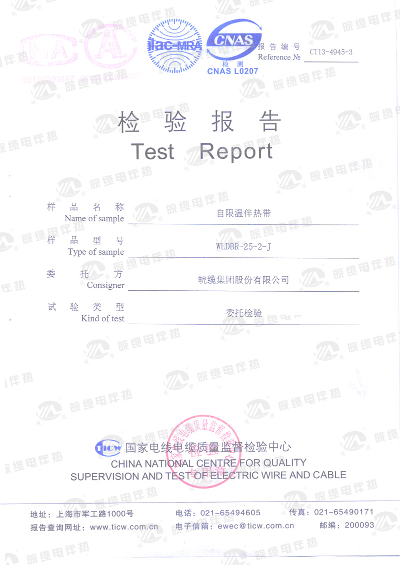 電伴熱帶產品檢驗報告（一）